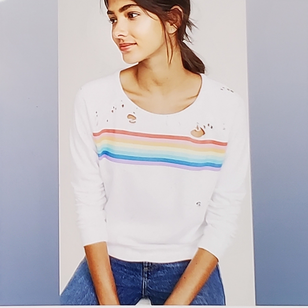 Chaser Rainbow Stripe Long Sleeve  Distressed Sweatshirt